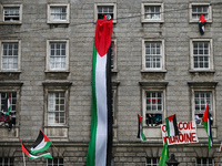 DUBLIN, IRELAND - MAY 4:
Trinity College Dublin windows occupied by students in Keffiyeh and face masks, waving Palestinian flags, on May 4,...