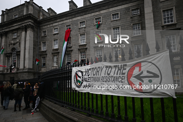 DUBLIN, IRELAND - MAY 4:
Pro-Palestinian activists gather outside Trinity College Dublin in solidarity with student protests inside, reaffir...