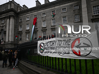 DUBLIN, IRELAND - MAY 4:
Pro-Palestinian activists gather outside Trinity College Dublin in solidarity with student protests inside, reaffir...