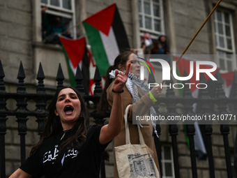 DUBLIN, IRELAND - MAY 4:
Pro-Palestinian activists gather outside Trinity College Dublin in solidarity with student protests inside, reaffir...