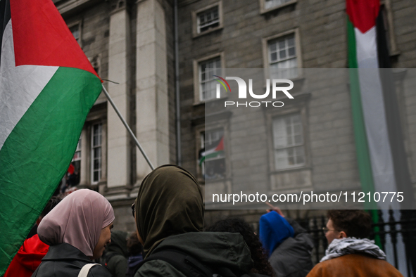 DUBLIN, IRELAND - MAY 4:
Pro-Palestinian activists gather outside Trinity College Dublin in solidarity with student protests inside, reaffir...