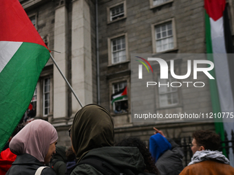 DUBLIN, IRELAND - MAY 4:
Pro-Palestinian activists gather outside Trinity College Dublin in solidarity with student protests inside, reaffir...