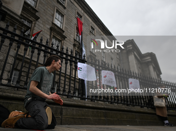 DUBLIN, IRELAND - MAY 4:
Pro-Palestinian activists gather outside Trinity College Dublin in solidarity with student protests inside, reaffir...