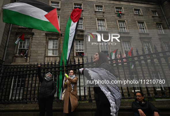 DUBLIN, IRELAND - MAY 4:
Pro-Palestinian activists gather outside Trinity College Dublin in solidarity with student protests inside, reaffir...