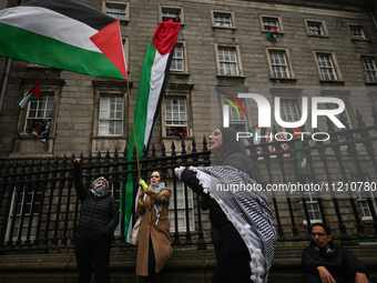 DUBLIN, IRELAND - MAY 4:
Pro-Palestinian activists gather outside Trinity College Dublin in solidarity with student protests inside, reaffir...