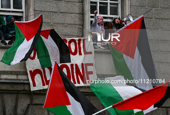 DUBLIN, IRELAND - MAY 4:
Pro-Palestinian activists gather outside Trinity College Dublin in solidarity with student protests inside, reaffir...