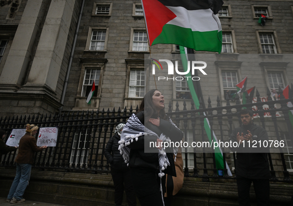 DUBLIN, IRELAND - MAY 4:
Pro-Palestinian activists gather outside Trinity College Dublin in solidarity with student protests inside, reaffir...