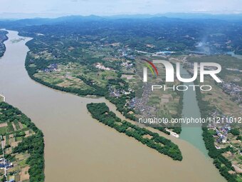 The ''clear-turbid'' natural landscape is appearing in the urban section of Rongan County along the Rongjiang River in the upper reaches of...