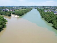 The ''clear-turbid'' natural landscape is appearing in the urban section of Rongan County along the Rongjiang River in the upper reaches of...