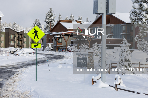 Interstate 80 is reopening following a rare May blizzard in Truckee, California, on May 5, 2024. The Western US storm is bringing rain and o...