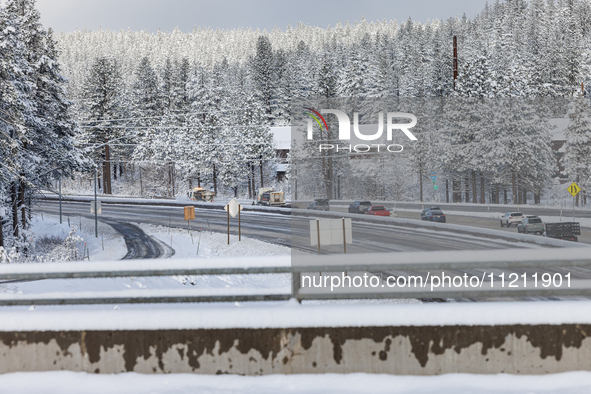 Interstate 80 is reopening following a rare May blizzard in Truckee, California, on May 5, 2024. The Western US storm is bringing rain and o...