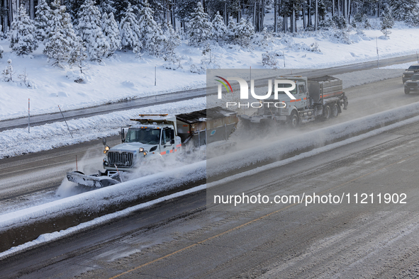 Interstate 80 is reopening following a rare May blizzard in Truckee, California, on May 5, 2024. The Western US storm is bringing rain and o...