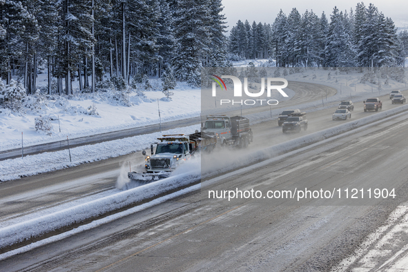 Interstate 80 is reopening following a rare May blizzard in Truckee, California, on May 5, 2024. The Western US storm is bringing rain and o...