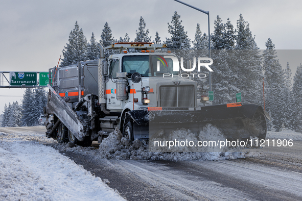 Interstate 80 is reopening following a rare May blizzard in Truckee, California, on May 5, 2024. The Western US storm is bringing rain and o...