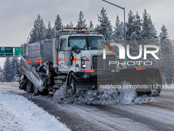 Interstate 80 is reopening following a rare May blizzard in Truckee, California, on May 5, 2024. The Western US storm is bringing rain and o...