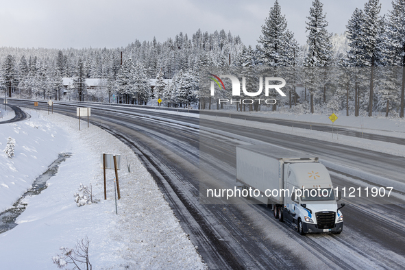 Interstate 80 is reopening following a rare May blizzard in Truckee, California, on May 5, 2024. The Western US storm is bringing rain and o...