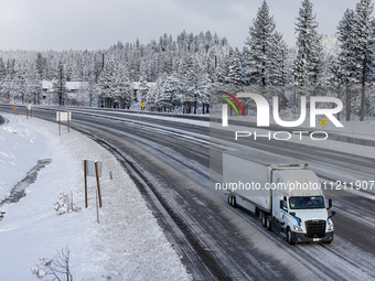 Interstate 80 is reopening following a rare May blizzard in Truckee, California, on May 5, 2024. The Western US storm is bringing rain and o...