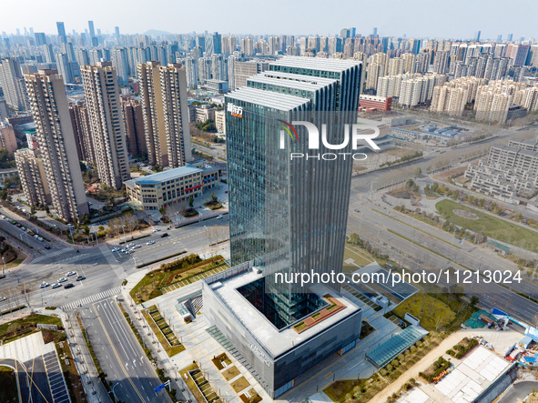 An aerial view of the Anhui headquarters building of New Oriental is being captured in Hefei, Anhui Province, China, on February 14, 2024. 