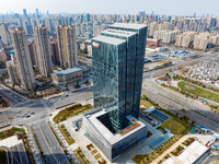 An aerial view of the Anhui headquarters building of New Oriental is being captured in Hefei, Anhui Province, China, on February 14, 2024. (