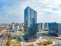 An aerial view of the Anhui headquarters building of New Oriental is being captured in Hefei, Anhui Province, China, on February 14, 2024. (