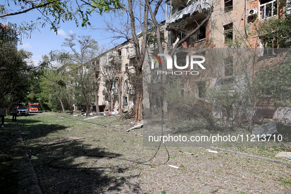 An apartment block is being damaged by Russian shelling in Kharkiv, northeastern Ukraine, on May 5, 2024. NO USE RUSSIA. NO USE BELARUS. 