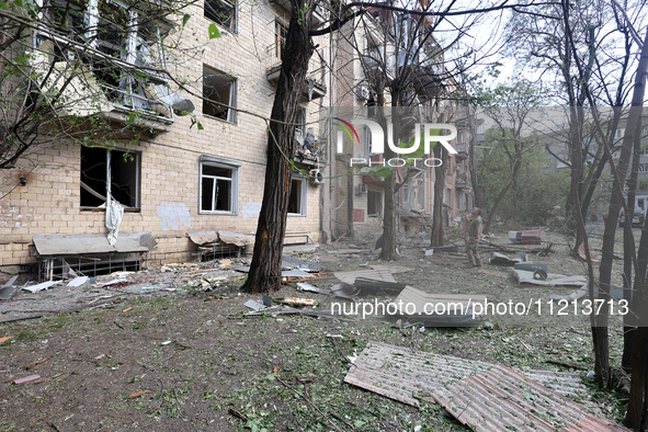 An apartment block is being damaged by Russian shelling in Kharkiv, northeastern Ukraine, on May 5, 2024. NO USE RUSSIA. NO USE BELARUS. 