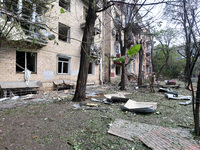 An apartment block is being damaged by Russian shelling in Kharkiv, northeastern Ukraine, on May 5, 2024. NO USE RUSSIA. NO USE BELARUS. (