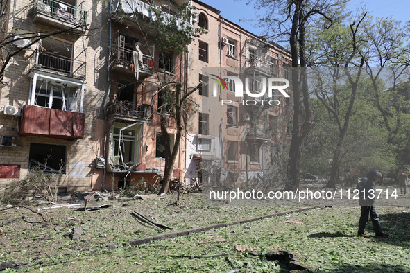 An apartment block is being damaged by Russian shelling in Kharkiv, northeastern Ukraine, on May 5, 2024. NO USE RUSSIA. NO USE BELARUS. 