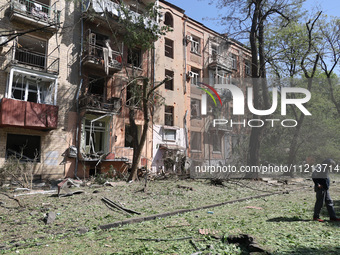 An apartment block is being damaged by Russian shelling in Kharkiv, northeastern Ukraine, on May 5, 2024. NO USE RUSSIA. NO USE BELARUS. (