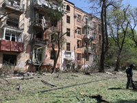 An apartment block is being damaged by Russian shelling in Kharkiv, northeastern Ukraine, on May 5, 2024. NO USE RUSSIA. NO USE BELARUS. (