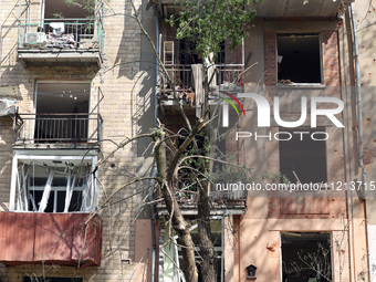 An apartment block is being damaged by Russian shelling in Kharkiv, northeastern Ukraine, on May 5, 2024. NO USE RUSSIA. NO USE BELARUS. (