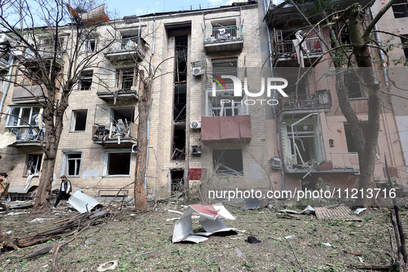 An apartment block is being damaged by Russian shelling in Kharkiv, northeastern Ukraine, on May 5, 2024. NO USE RUSSIA. NO USE BELARUS. 