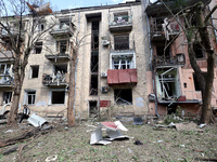 An apartment block is being damaged by Russian shelling in Kharkiv, northeastern Ukraine, on May 5, 2024. NO USE RUSSIA. NO USE BELARUS. (