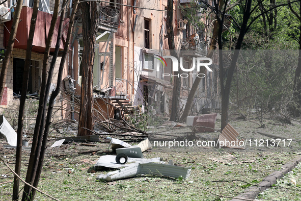 An apartment block is being damaged by Russian shelling in Kharkiv, northeastern Ukraine, on May 5, 2024. NO USE RUSSIA. NO USE BELARUS. 