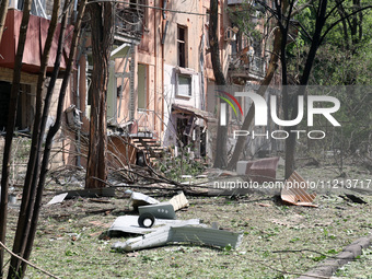 An apartment block is being damaged by Russian shelling in Kharkiv, northeastern Ukraine, on May 5, 2024. NO USE RUSSIA. NO USE BELARUS. (