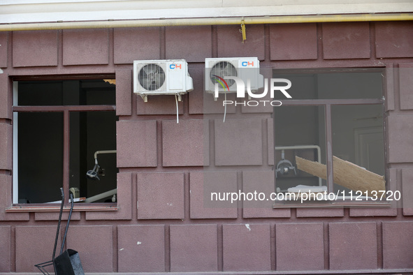 Windows are being seen smashed in a building that is damaged by Russian shelling in Kharkiv, northeastern Ukraine, on May 5, 2024. NO USE RU...