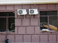 Windows are being seen smashed in a building that is damaged by Russian shelling in Kharkiv, northeastern Ukraine, on May 5, 2024. NO USE RU...