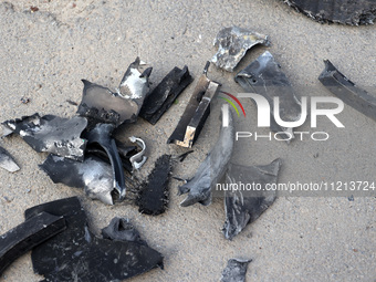 Pieces of metal are arranged on the ground following Russian shelling in Kharkiv, northeastern Ukraine, on May 5, 2024. NO USE RUSSIA. NO US...