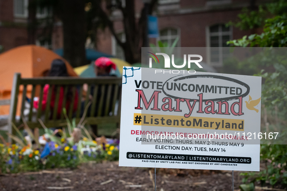 A sign at the Gaza solidarity encampment at George Washington University urges people to vote against Joe Biden in Maryland's presidential p...