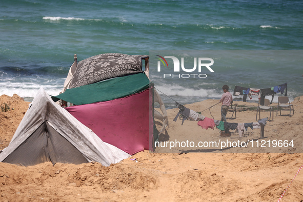 Displaced Palestinians are setting up tents on a beach near Deir el-Balah in the central Gaza Strip amid the ongoing conflict between Israel...