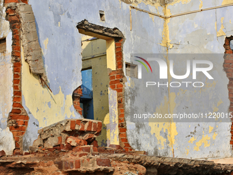 Houses are being destroyed by the ocean tides along Kollamkode Beach in Kollamkode, Kerala, India, on April 15, 2024. (