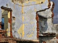 Houses are being destroyed by the ocean tides along Kollamkode Beach in Kollamkode, Kerala, India, on April 15, 2024. (