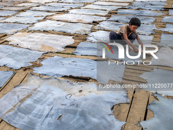 Bablu, who is 8 years old, is working at a tannery to earn one dollar a day in a low-income area in Dhaka, Bangladesh, on May 8, 2024. Altho...