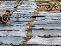 Bablu, who is 8 years old, is working at a tannery to earn one dollar a day in a low-income area in Dhaka, Bangladesh, on May 8, 2024. Altho...