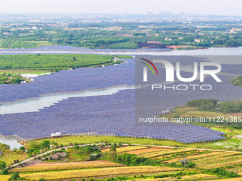 Solar photovoltaic panels are being lined up at the Gaogang Village photovoltaic power generation base in Yichun, China, on May 8, 2024. (