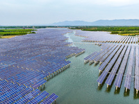 Solar photovoltaic panels are being lined up at the Gaogang Village photovoltaic power generation base in Yichun, China, on May 8, 2024. (