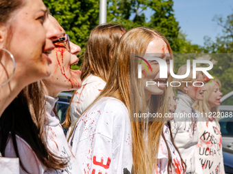 Pro-Ukraine activists shaut and cry as Sergey Andreyev, Russian Ambassador to Poland arrive to lay flowers at the Mausoleum of the Soviet So...