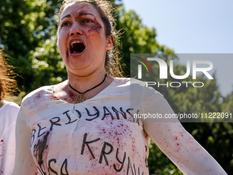 Pro-Ukraine activists shaut and cry as Sergey Andreyev, Russian Ambassador to Poland arrive to lay flowers at the Mausoleum of the Soviet So...