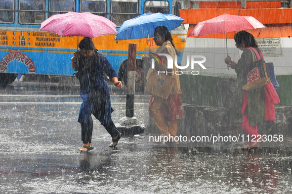 Women are holding umbrellas as they walk in the monsoon rain in Kolkata, India, on May 9, 2024. 