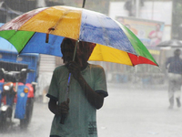 A man is holding umbrellas as he walks in the monsoon rain in Kolkata, India, on May 9, 2024. (